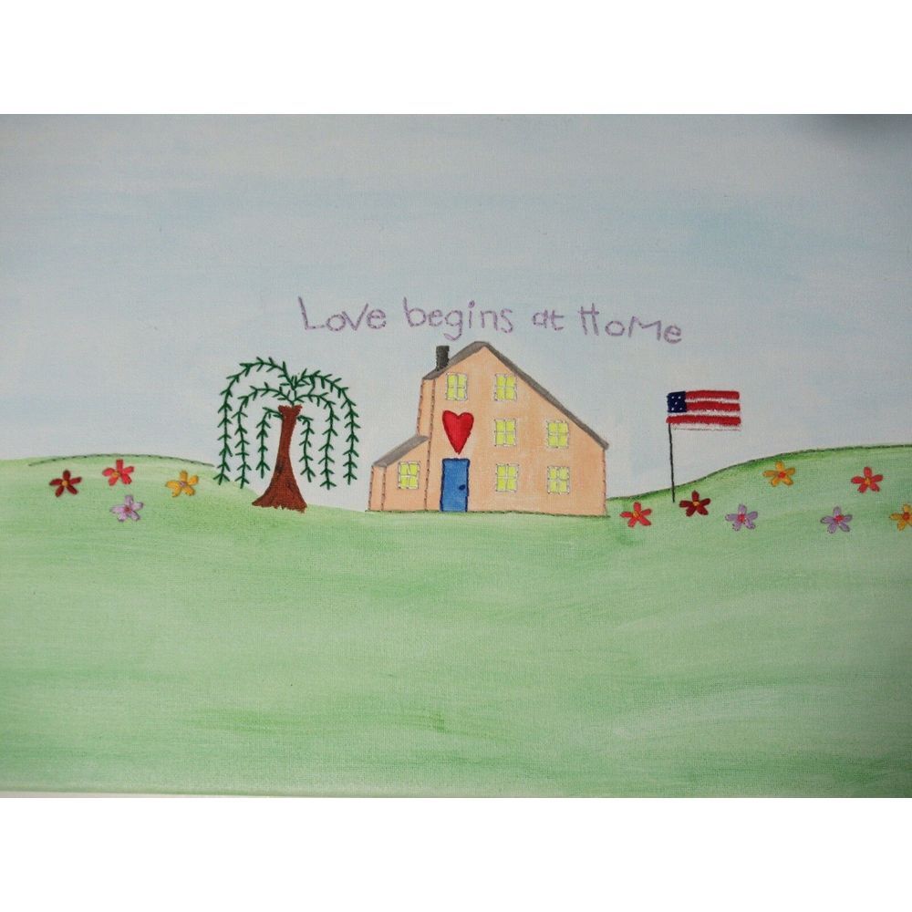 Handmade Painting Canvas Embroidered LOVE BEGINS AT HOME 12 X 24‎ Fast Shipping